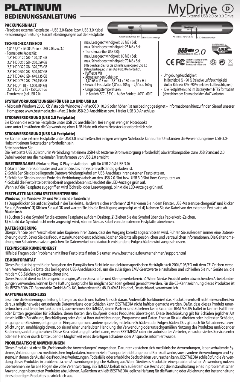 Página 1 del manual Manual de usuario Bestmedia Platinum MyDrive 1.8"