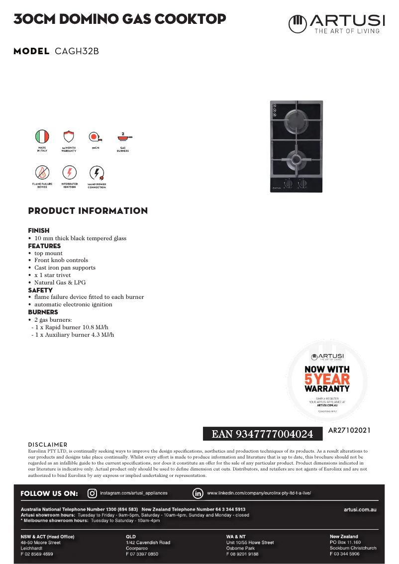 Página 1 del manual Ficha técnica Artusi CAGH32