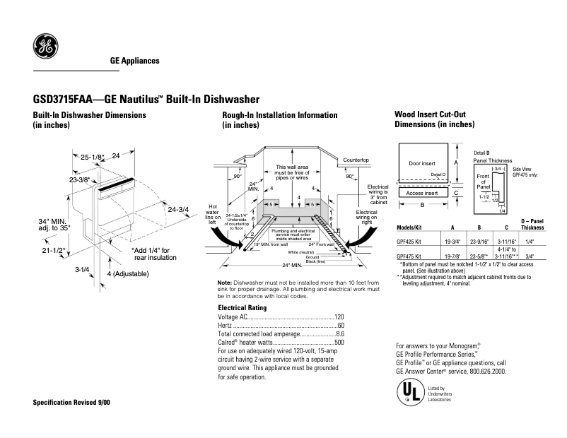 Página 1 del manual Ficha técnica GE GSD3715FAA