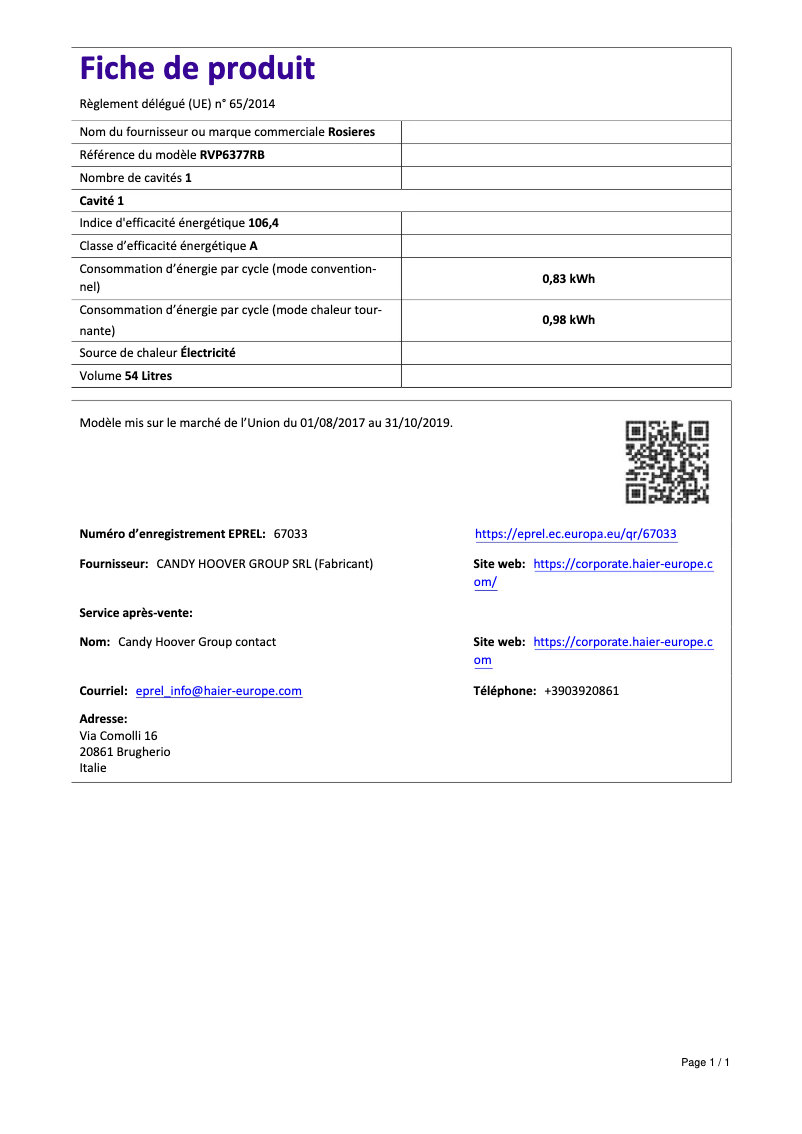 Page 1 de la notice Fiche technique Rosieres RVP 6377 RB