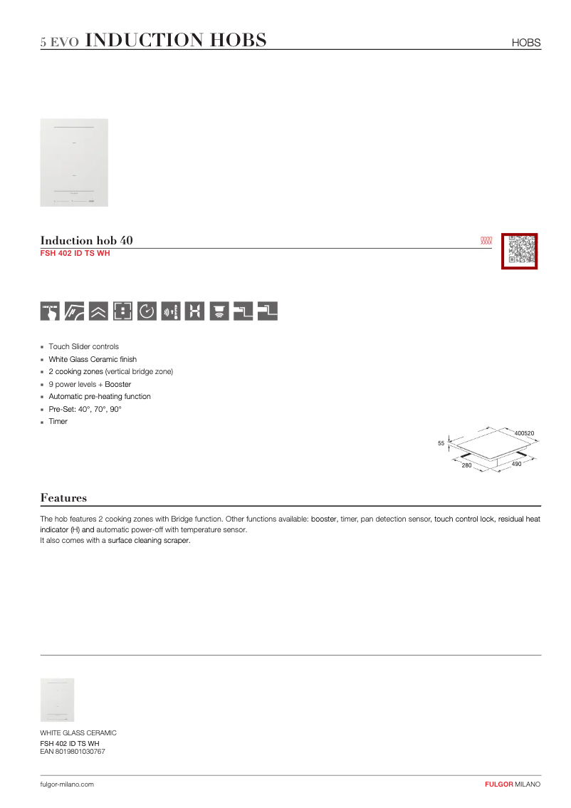 Page 1 de la notice Fiche technique Fulgor Milano FSH 402 ID TS WH