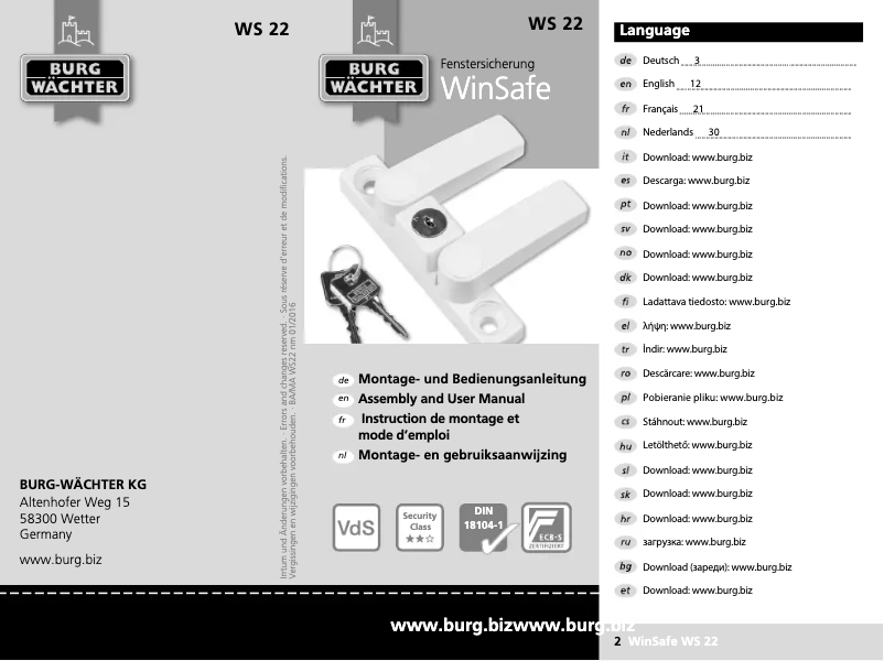 Page 1 de la notice Manuel utilisateur Burg Wächter WinSafe WS 22
