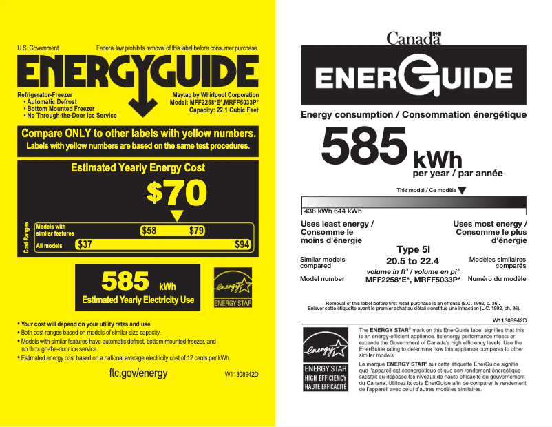 Page 1 de la notice Label énergétique Maytag MRFF5033PZ