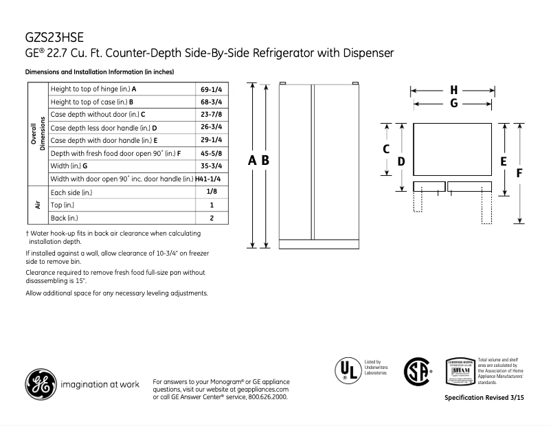 Página 1 del manual Ficha técnica GE GZS23HSESS