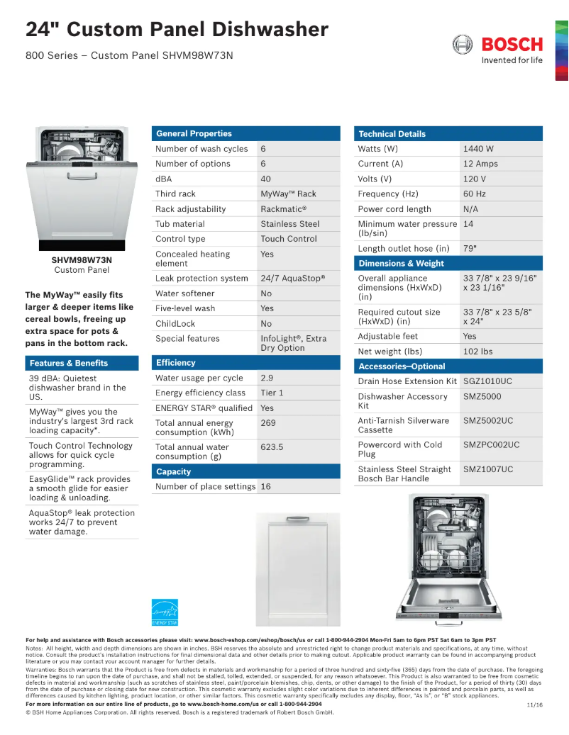 Page 1 de la notice Fiche technique Bosch SHVM98W73N