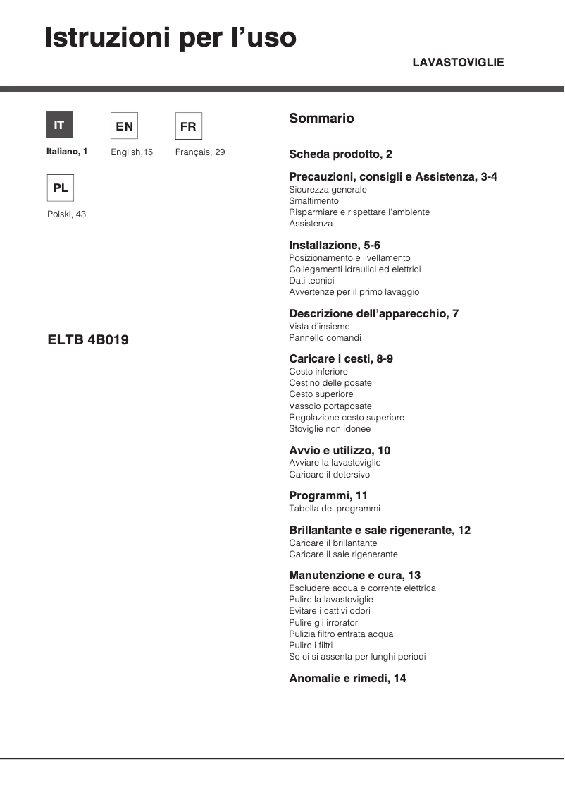 Page 1 de la notice Manuel utilisateur Hotpoint Ariston ELTB 4B019 EU