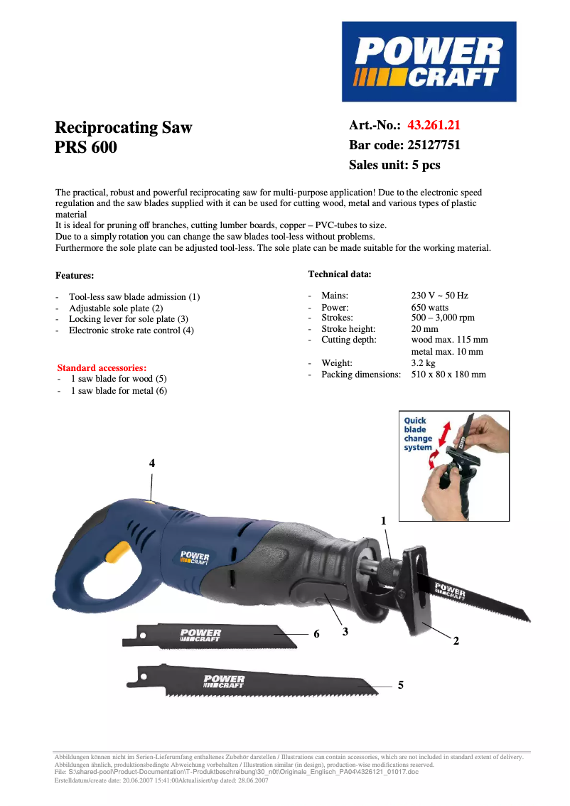 Page 1 de la notice Fiche technique Power Craft PRS 600