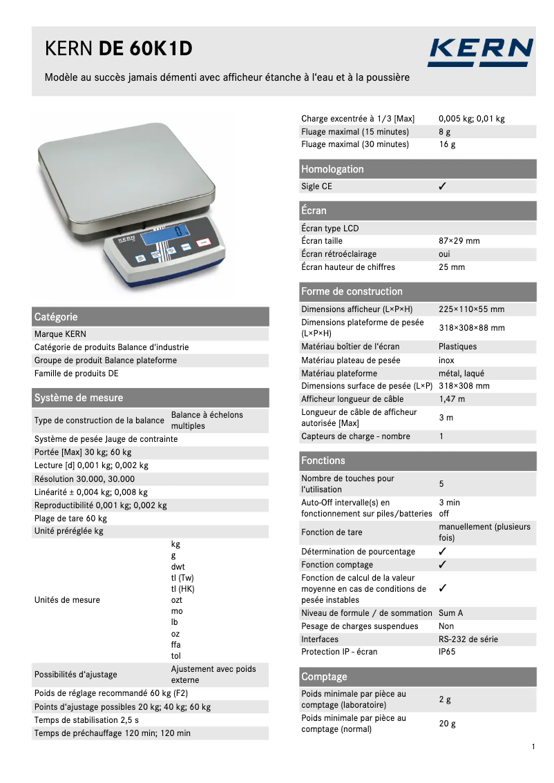 Página 1 del manual Ficha técnica Kern DE 60K1D