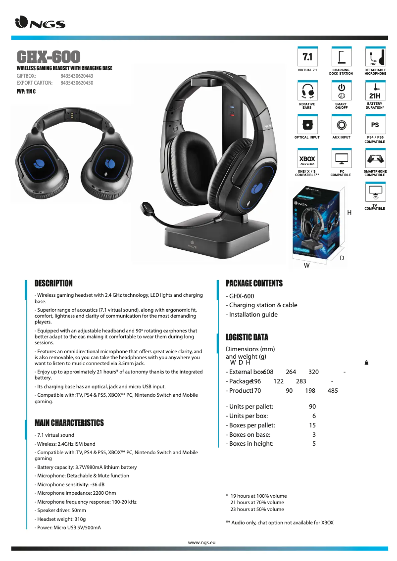 Page 1 de la notice Fiche technique NGS GHX-600