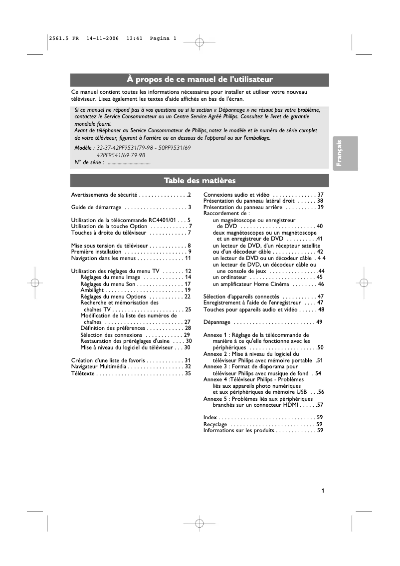 Page n°1 - Manuel utilisateur Philips 42PF9541