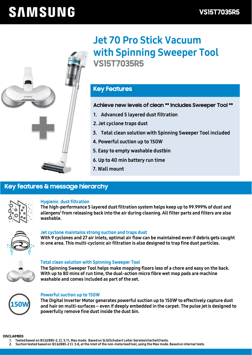 Página 1 del manual Ficha técnica Samsung VS15T7035R5