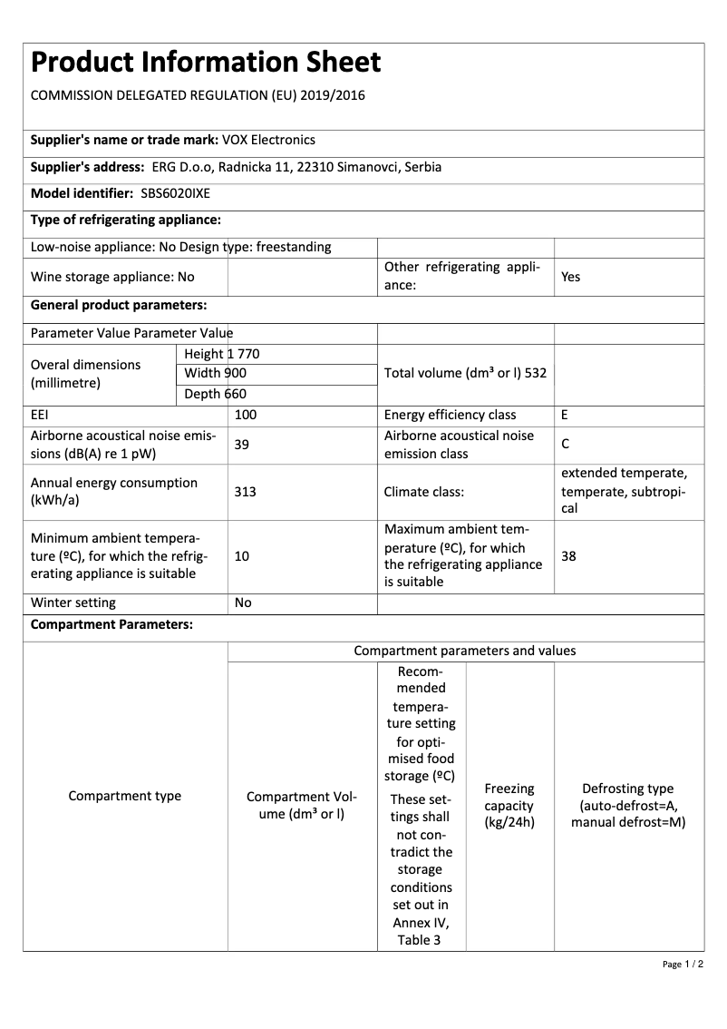 Página 1 del manual Ficha técnica VOX SBS6020IXE