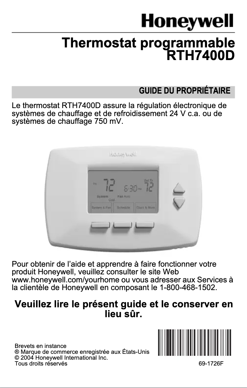 Page 1 de la notice Manuel utilisateur Honeywell RTH7400D