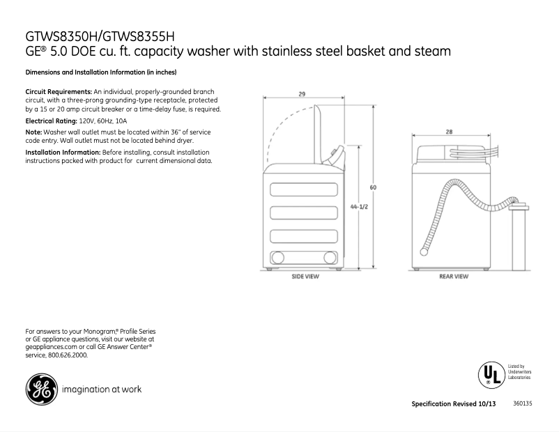 Page 1 of the manual Technical Sheet GE GTWS8350HWS