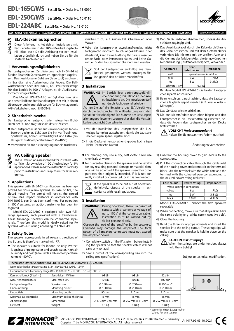 Page 1 of the manual User Manual Monacor EDL-165C/WS