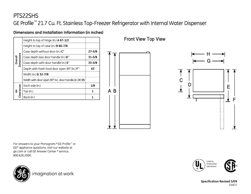 Página 1 del manual Ficha técnica GE PTS22SHSSS