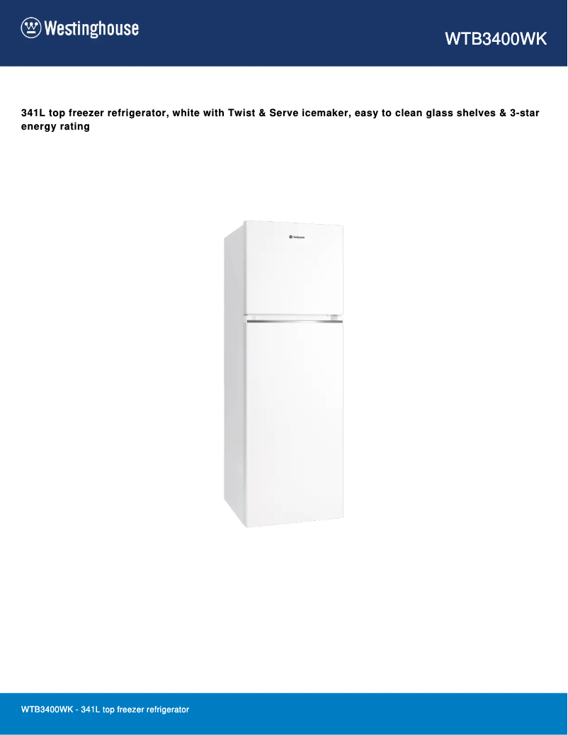 Page 1 de la notice Fiche technique Westinghouse WTB3400WK