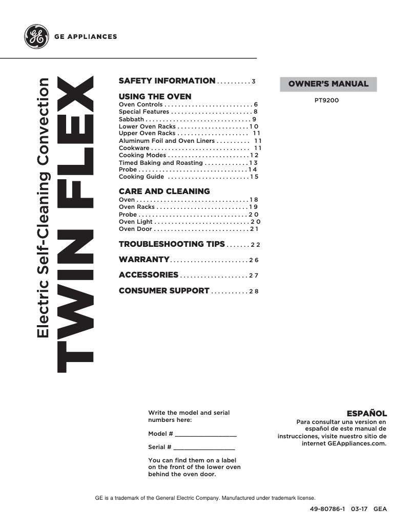 Page n°1 - Manuel utilisateur GE Profile PT9200SLSS