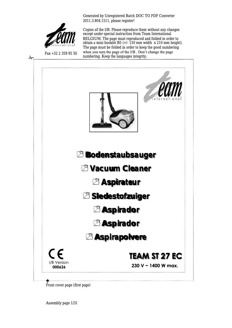 Page 1 of the manual User Manual Team ST 27 EC