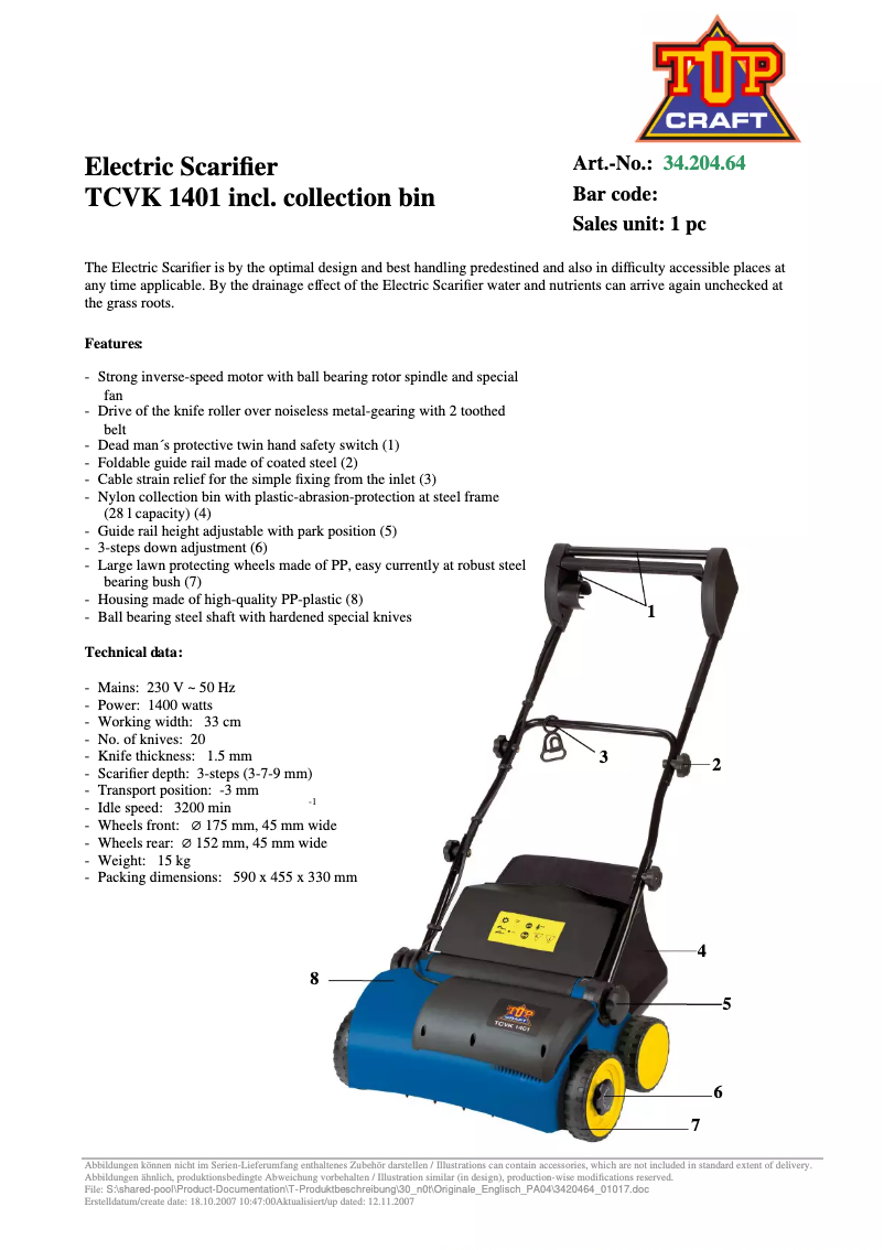 Page 1 de la notice Fiche technique Topcraft TCVK 1401