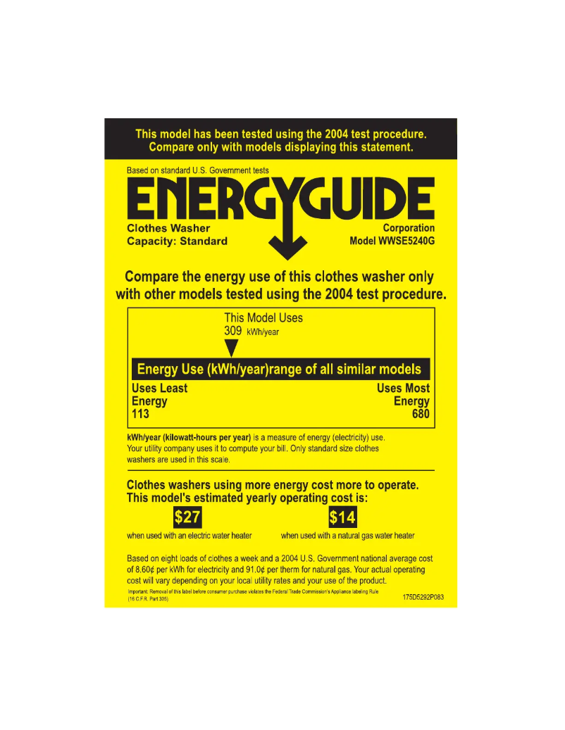 Page n°1 - Label énergétique GE WWSE5240GWW