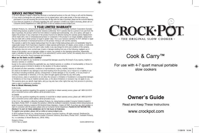 Page 1 de la notice Manuel utilisateur Crock-Pot Cook & Carry