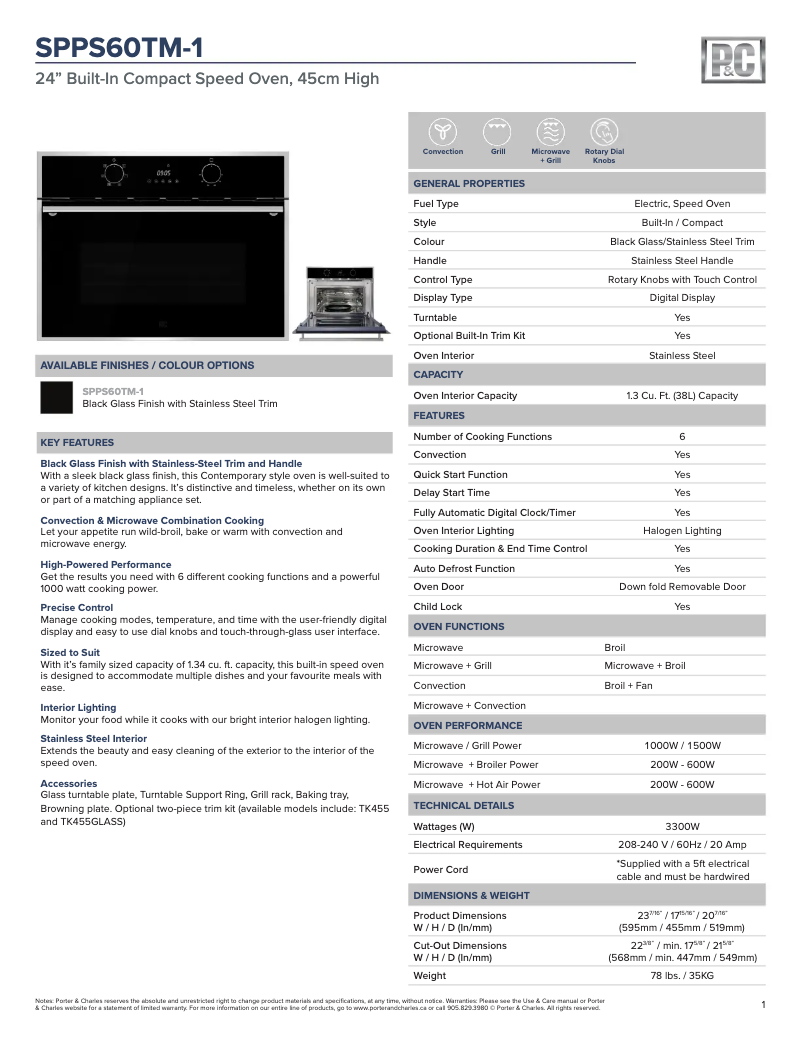 Page 1 de la notice Fiche technique Porter & Charles SPPS60TM-1