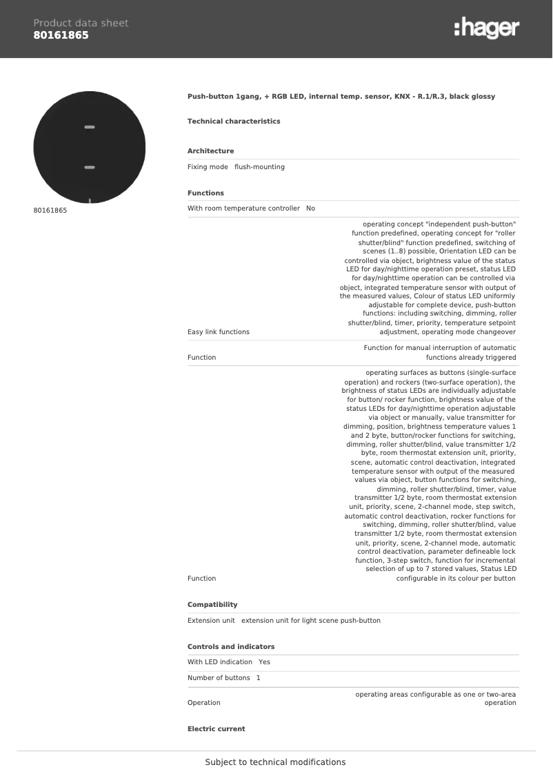 Page 1 de la notice Fiche technique Berker 80161865