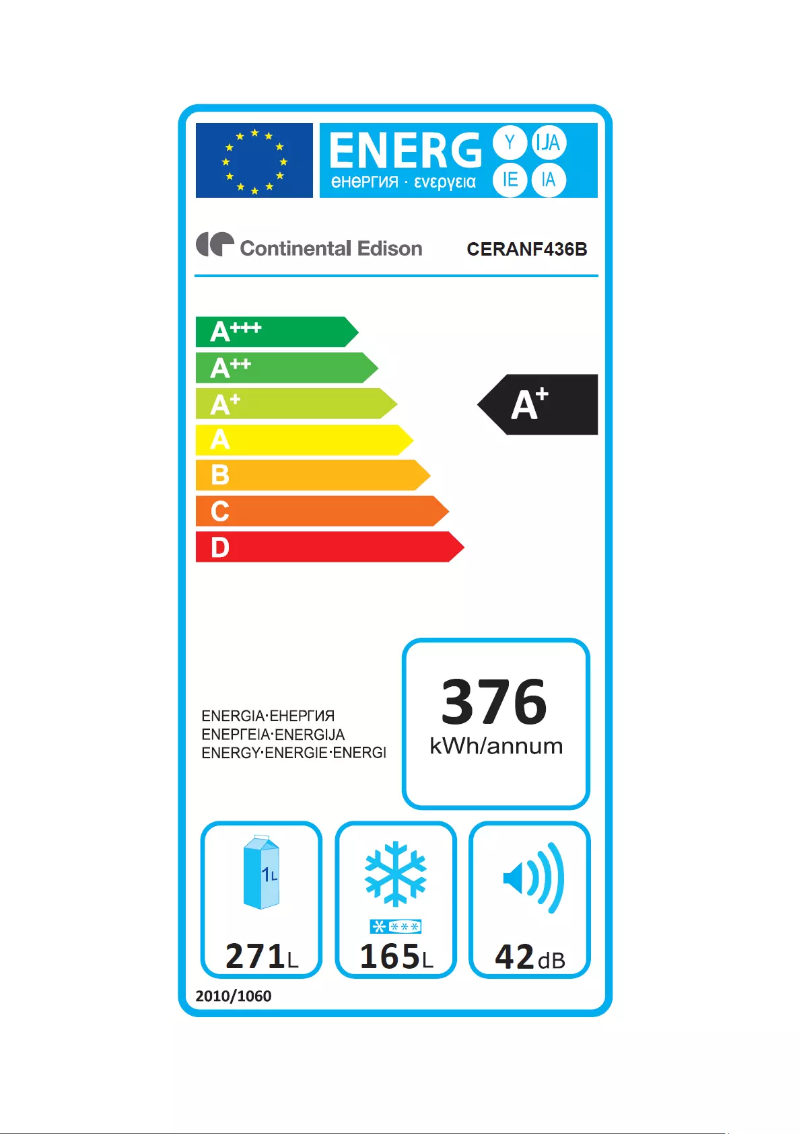 Page 1 de la notice Label énergétique Continental Edison CERANF436IX
