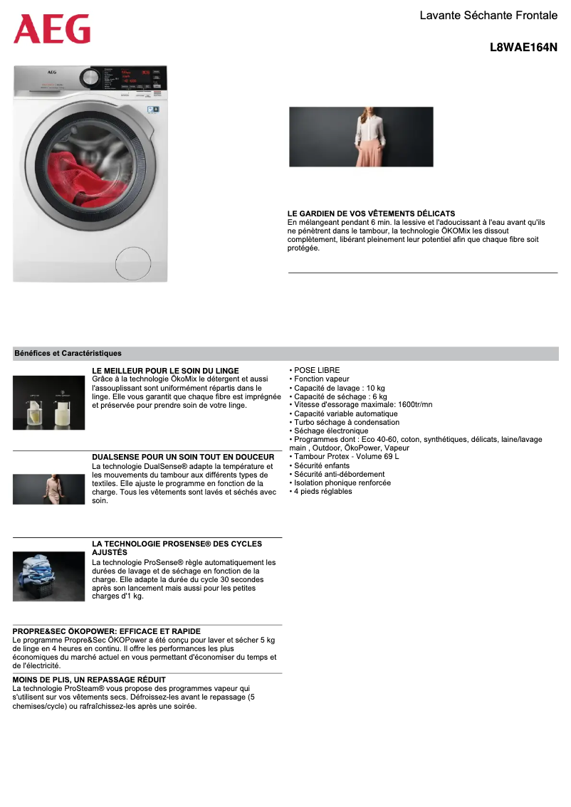 Page 1 de la notice Fiche technique AEG L8WAE164N