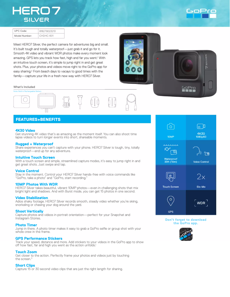 Page 1 de la notice Fiche technique GoPro HERO 7 Silver