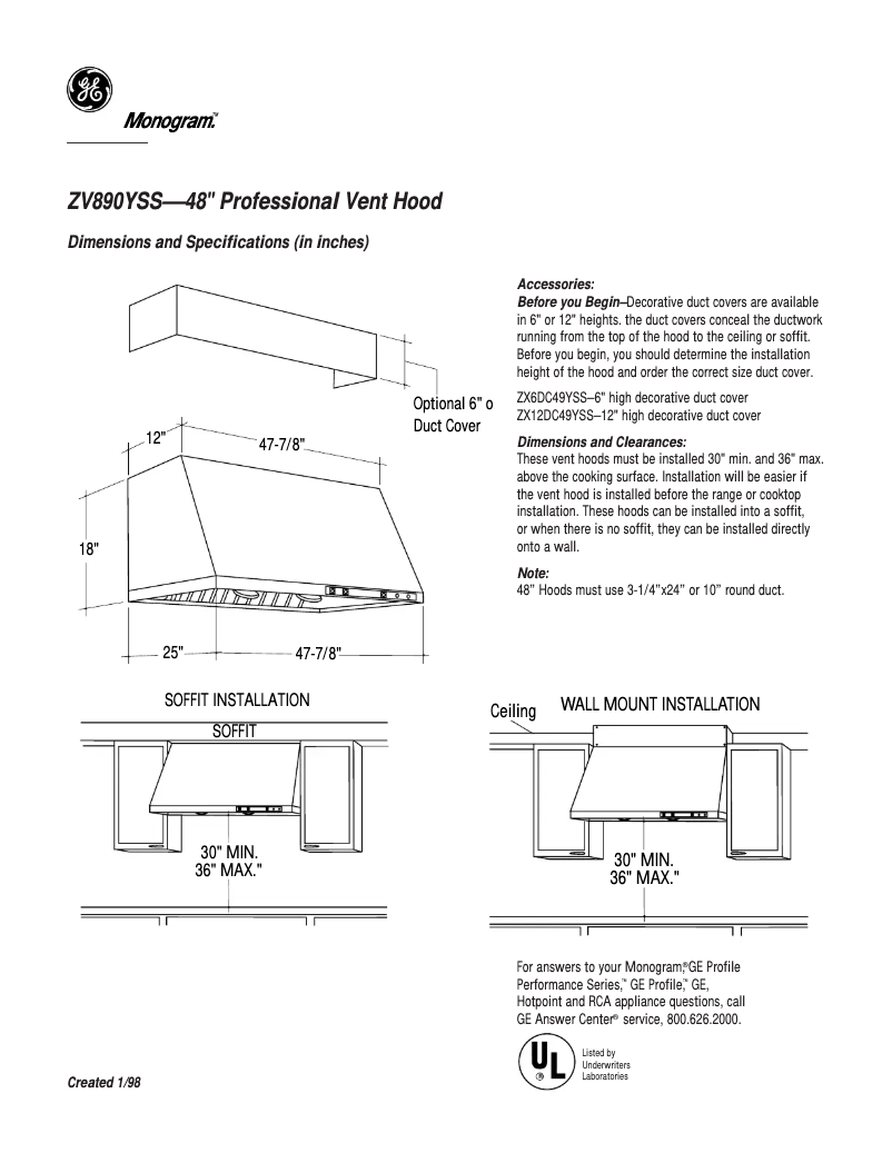 Page 1 of the manual Technical Sheet GE ZV890YSS