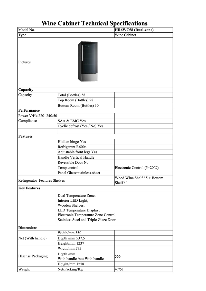 Page 1 de la notice Fiche technique Hisense HR6WC58D