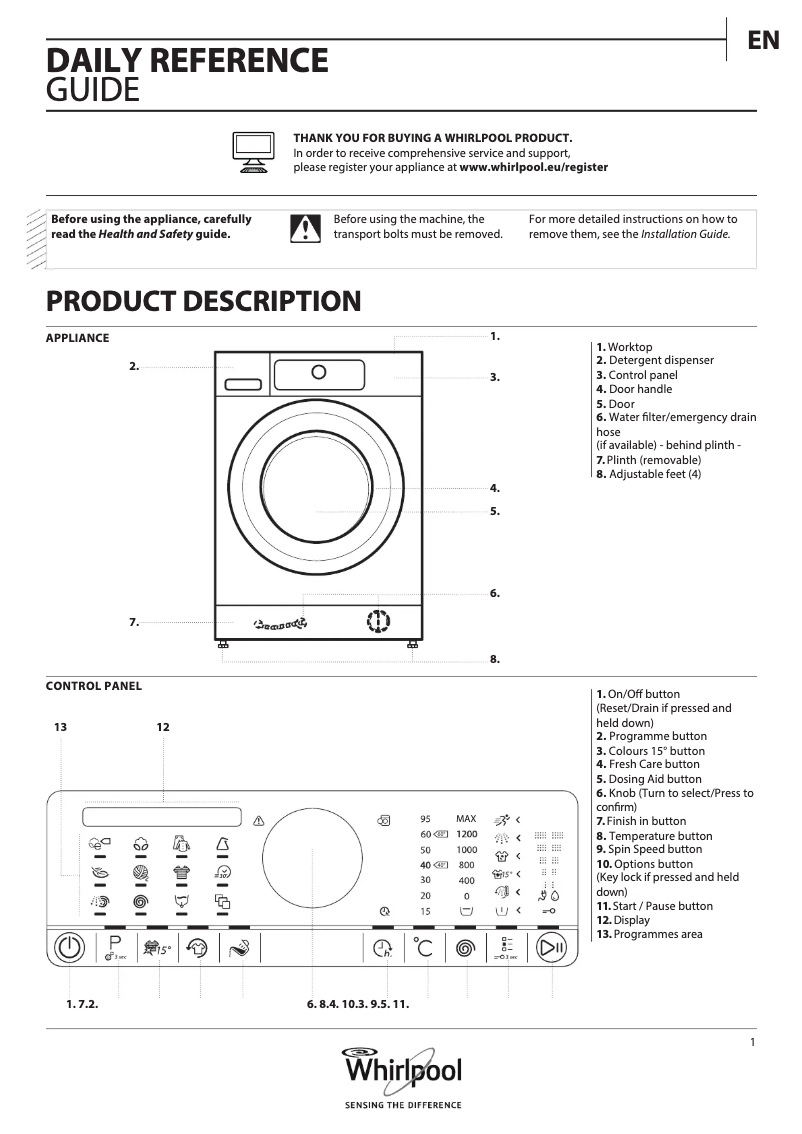 Página 1 del manual Manual de instrucciones Whirlpool FSCR 12430