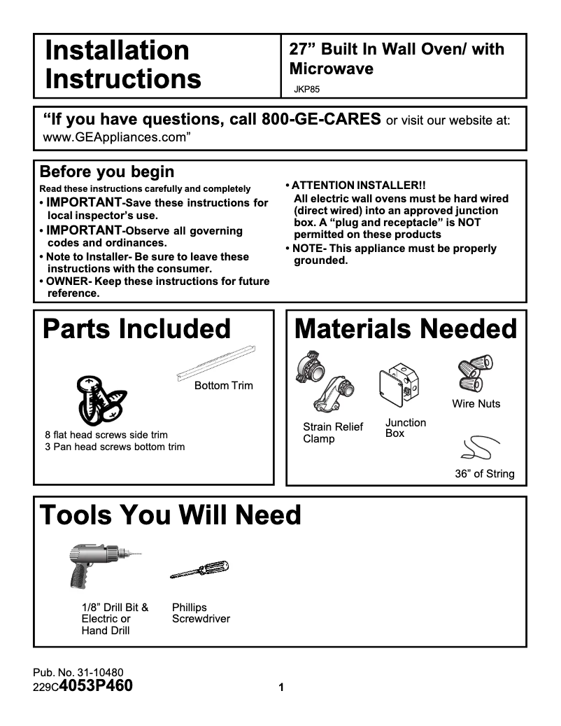 Página 1 del manual Guía de instalación GE JKP85WDWW