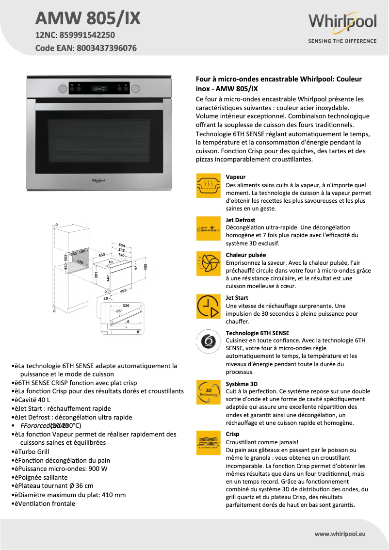 Page 1 de la notice Fiche technique Whirlpool AMW 805/IX