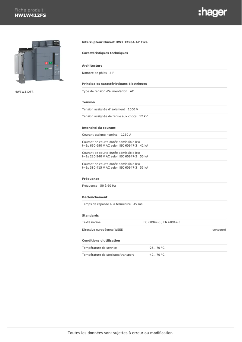 Page 1 de la notice Fiche technique Hager HW1W412FS