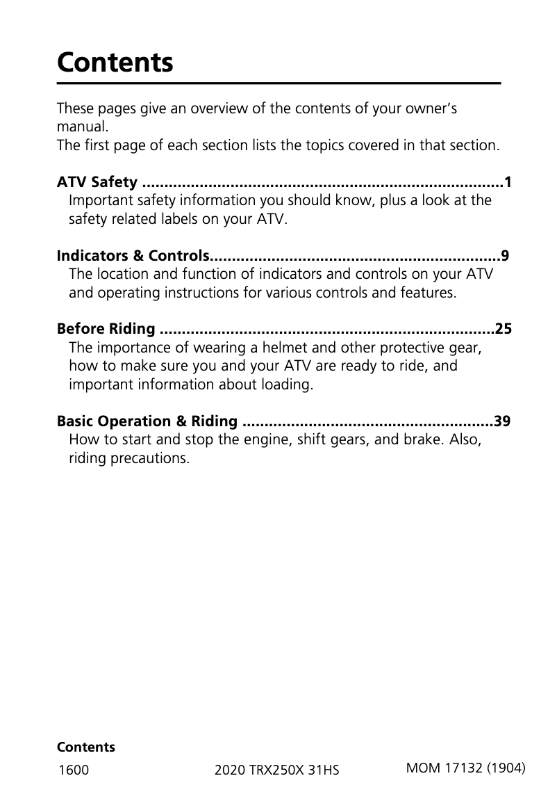 Page 1 de la notice Manuel utilisateur Honda TRX250X (2020)