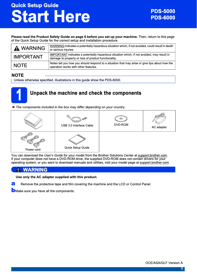 Page 1 de la notice Guide d'installation Brother PDS-6000