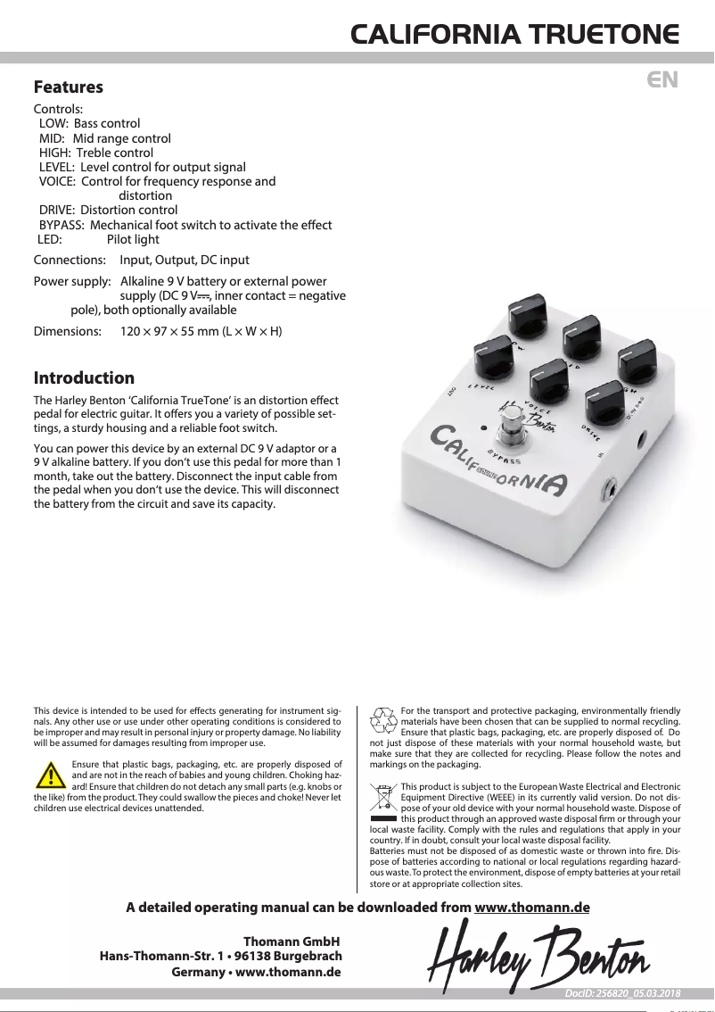 Página 1 del manual Ficha técnica Harley Benton California TrueTone