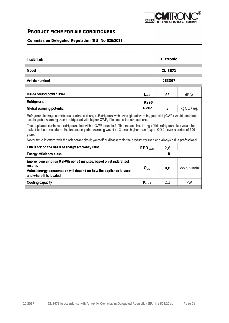 Page 1 de la notice Fiche technique Clatronic CL 3671