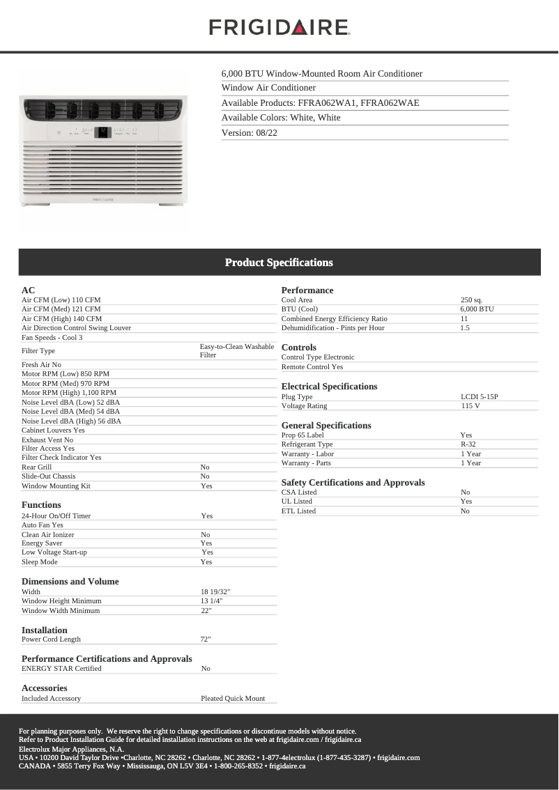 Page 1 de la notice Fiche technique Frigidaire FFRA062WAE
