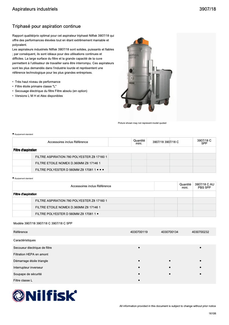 Page 1 de la notice Fiche technique Nilfisk 3907/18