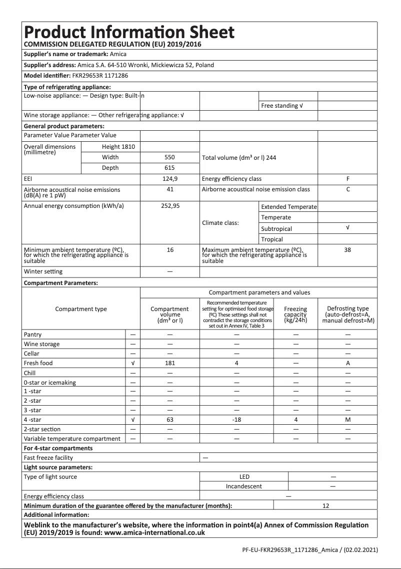 Page 1 de la notice Fiche technique Amica FKR29653R