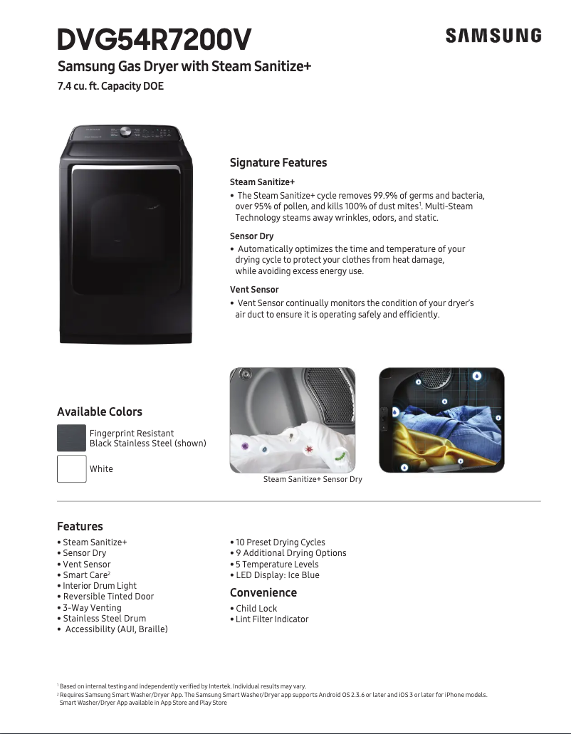 Página 1 del manual Ficha técnica Samsung DVG54R7600W