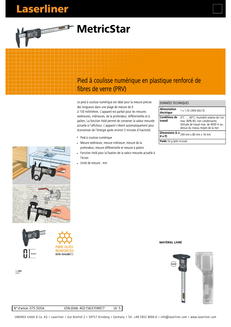 Page 1 de la notice Fiche technique Laserliner MetricStar