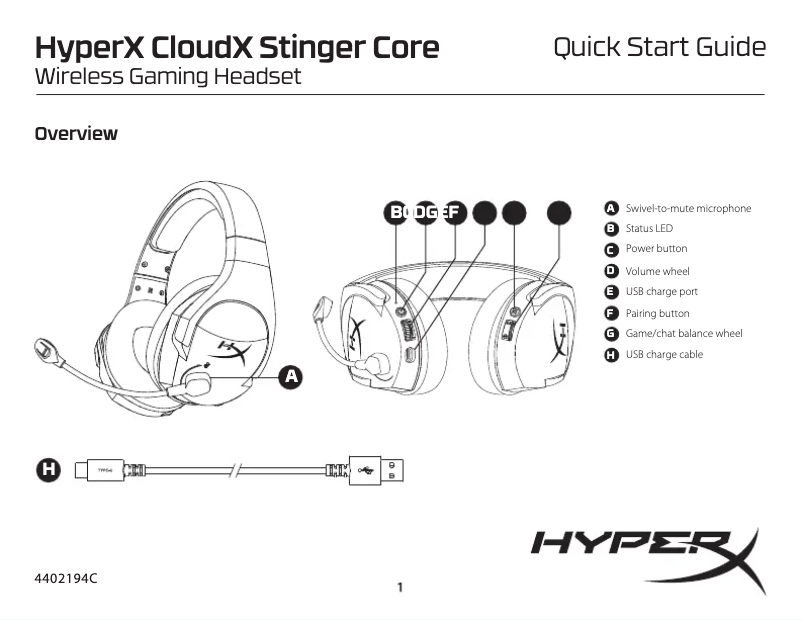Página 1 del manual Guía de inicio rápido HyperX CloudX Stinger Core