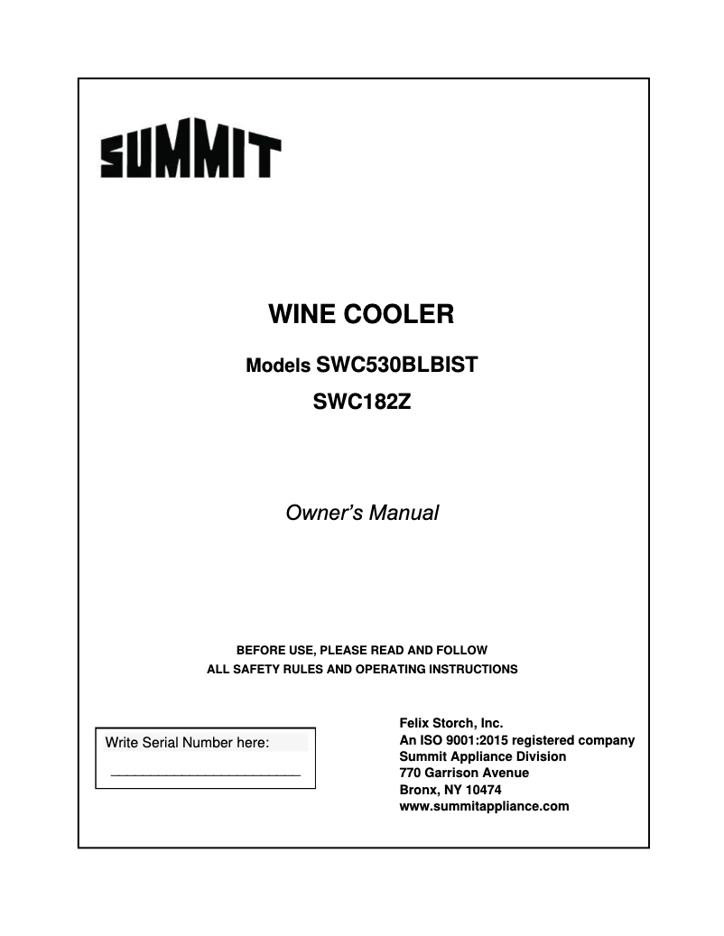 Page 1 de la notice Manuel d'utilisation et d'entretien Summit SWC182ZCSSADA