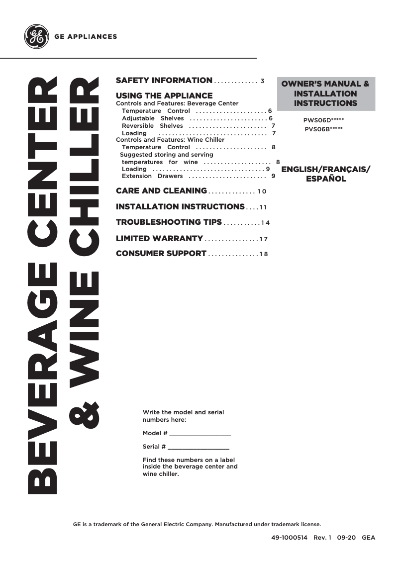 Page n°1 - Manuel d'utilisation et d'entretien GE Profile PVS06BSPSS