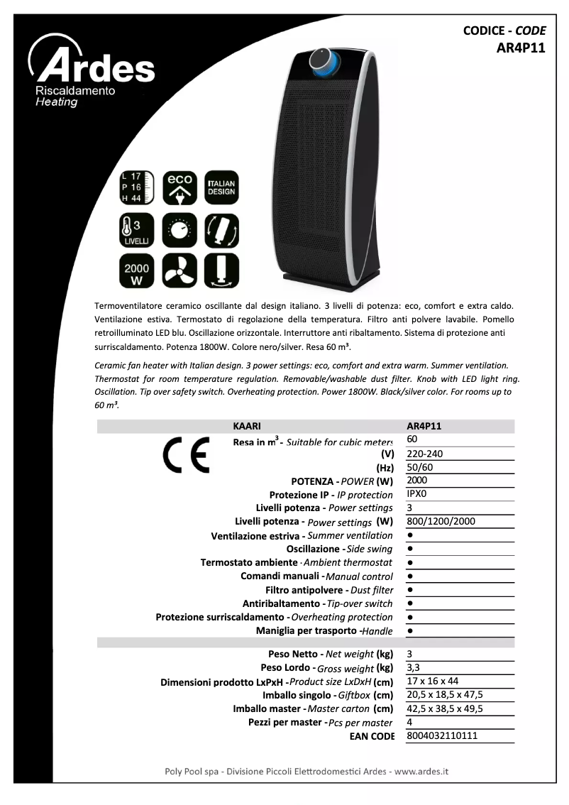 Page 1 de la notice Fiche technique Ardes AR4P11